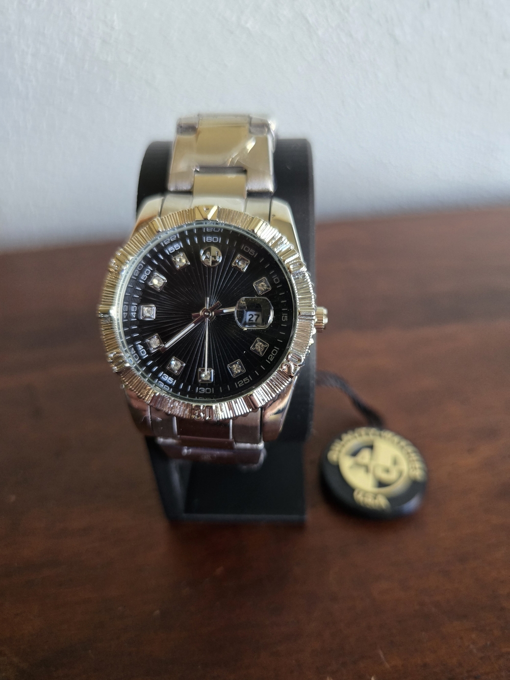 AJ Men's Silver & Gold Tone Watch | Black Dial | Crystal Accents | Date